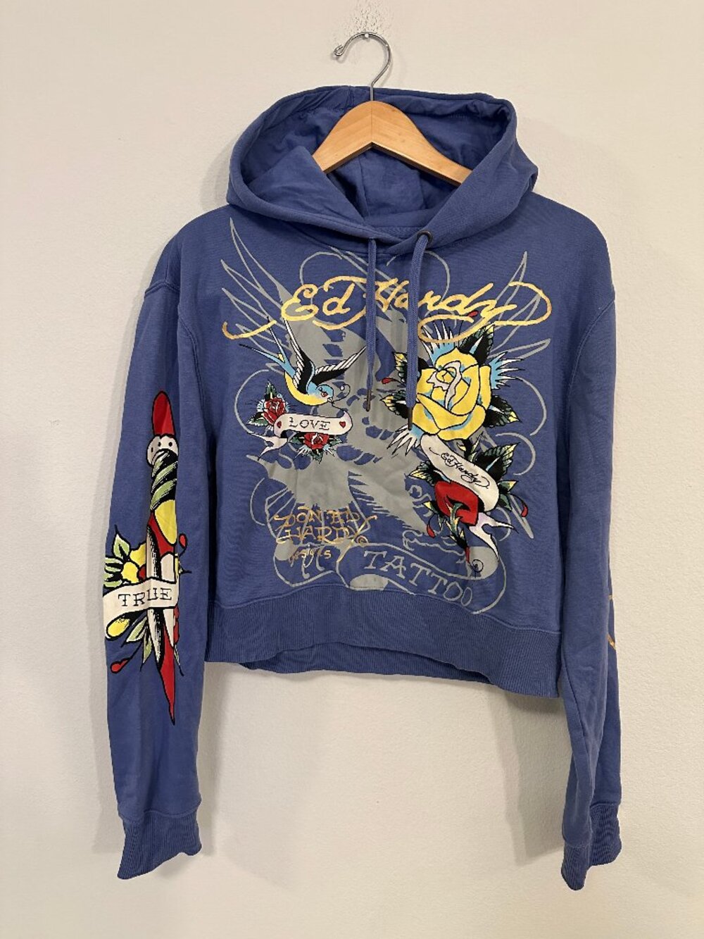 Ed Hardy Brave Eagle Cropped Hoodie Womens Medium Blue Tattoo Graphic Pullover
